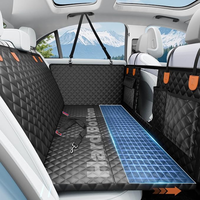 Dog Car Seat Cover for Back Seat, Hard Bottom Hammock Hold 400lbs For Cars | Waterproof,Anti-Scratch,Safety Non-Slip,600D Oxford,Mesh Window,Storage Pocket by HikeSeptPals