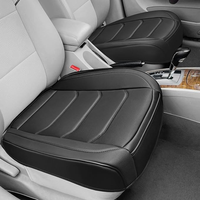 BOPUOVRE Car Seat Cover for Luxury & Comfort PU Leather | Anti Slip Full Wrap Protection Storage Pocket Bottom Cushion Universal Fit 95% Vehicles Black 2 Piece - Image 2