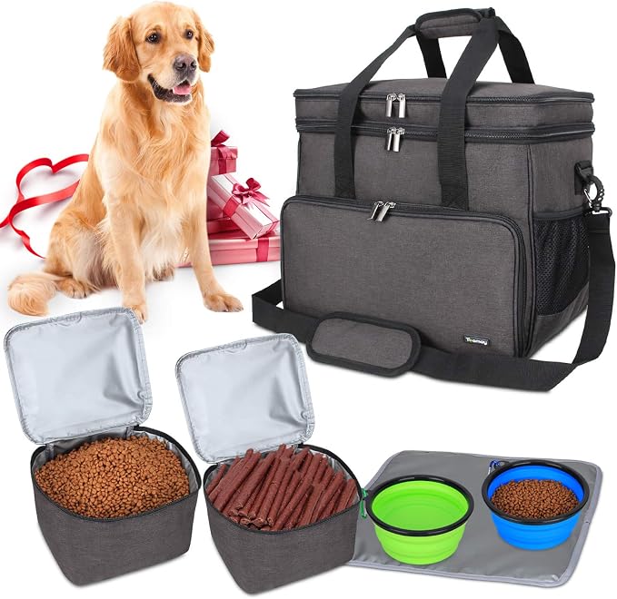 Teamoy 2 Layer Dog Travel Bag, Pet Supplies Weekend Tote Organizer, Black | Large Dog Bag for Supplies with 2 Silicone Collapsible Bowls, 2 Food Carriers, 1 Water-Resistant Placemat by Teamoy