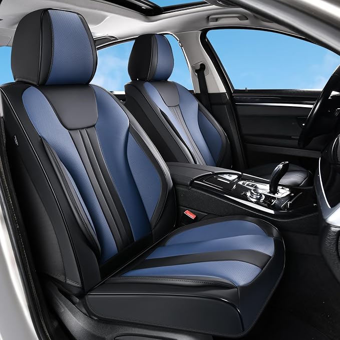 Huidasource Universal Car Seat Covers, Waterproof Faux Leather, Airbag Friendly, Easy Installation, Unobstructed Cup Holders, Scratch Resistant for Family Trips, Black & Blue - Image 2