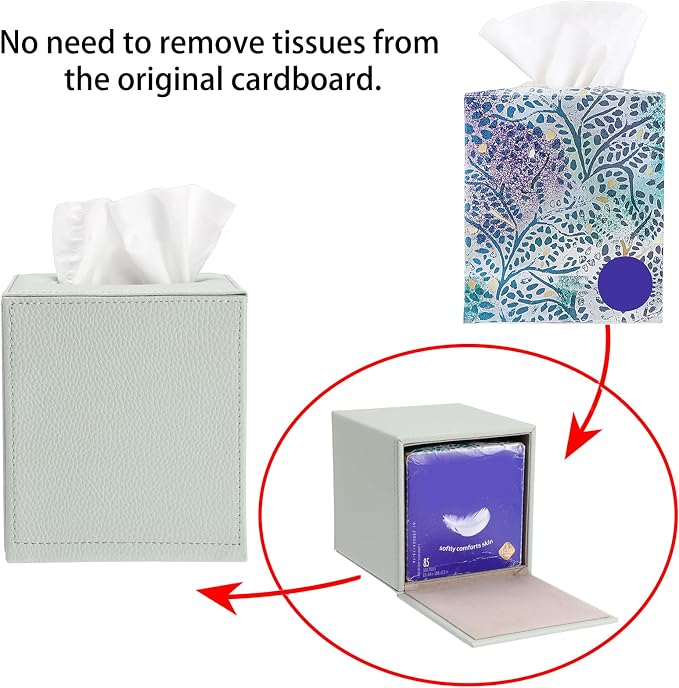 Sumnacon Tissue Box Cover Square,Magnetic Bottom PU Tissue Box Holder,Green | Stylish Cube Leather Tissue Cover,Lychee Pattern, Decorative Tissue Box Covers for Living Room Bathroom Table Desk Office Car - Image 4