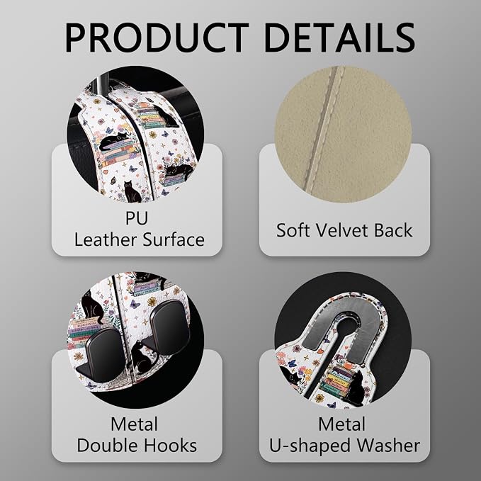Blusabaca 2PCS Car Seat Headrest Hooks, Purses Bags Holder, Book Lover Cat | PU Leather, Double Metal Back Storage Hangers for Grocery Bags Handbags Bottles Coats Phones, Car Accessories Organization - Image 4