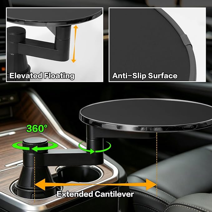Car Tray Table & Car Desk for Laptop, Dual 360° Rotating Cup Holder Tray, Anti-Slip Leather-Textured Car Food Tray for Eating, Working & Makeup, Compatible with Tesla Model Y/3/S & Most Vehicles - Image 5
