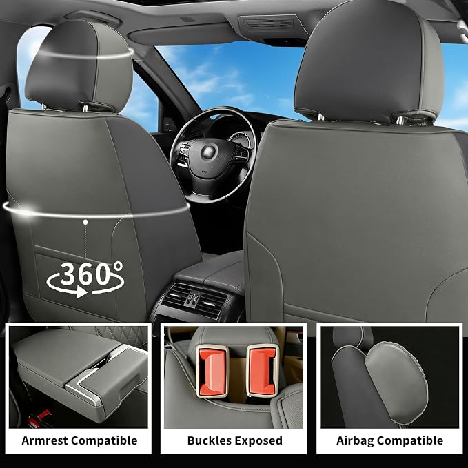 Seat Covers Fit for GMC Sierra 1500/2500/3500 HD 2007-2025,Premium Leather, Waterproof, All-Weather, Airbag Compatible, Breathable, Seat Protectors, Full Set,Gray - Image 4