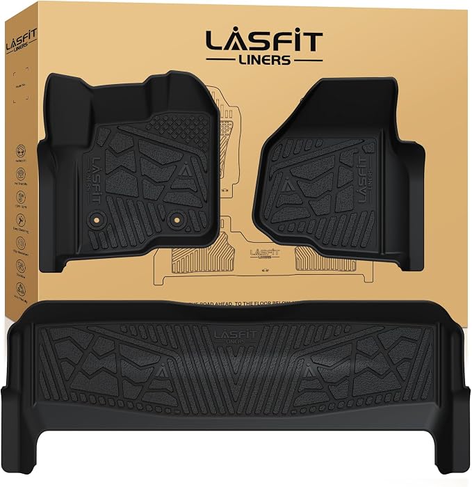 LASFIT Floor Mats for Ford F250/F350/F450 2012-2016 Crew Cab Carpet Floor | Super Duty Car Liners Without Manual Transfer Case Shifter All Weather Protector TPE, 1st & 2nd Rows, 3pc Black by LASFIT