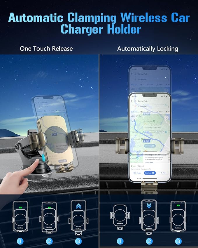 3-in-1 Wireless Car Charger Mount, 15W Fast Charging Auto-Clamping Phone Holder for iPhone 17 16 15 14, Samsung Galaxy S24 S23, Dashboard, Vent & Windshield Car Mount(Amber Yellow) - Image 4