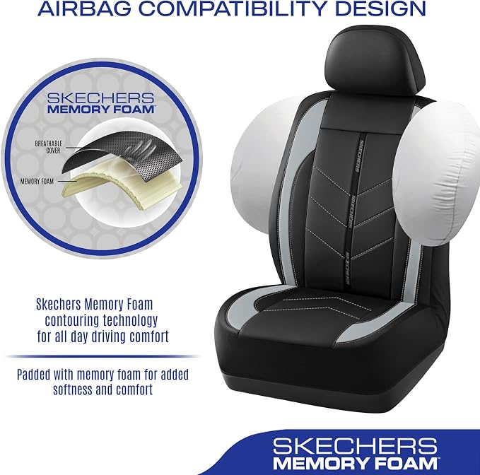 Skechers Car Seat Covers,Luxury Faux Leather Seat Covers,Waterproof Anti Slip Car Seat Protector Front Seats,Car Accessories Airbag Universal Fit for Most Cars,Vans,Trucks,SUV,Grey - Image 4