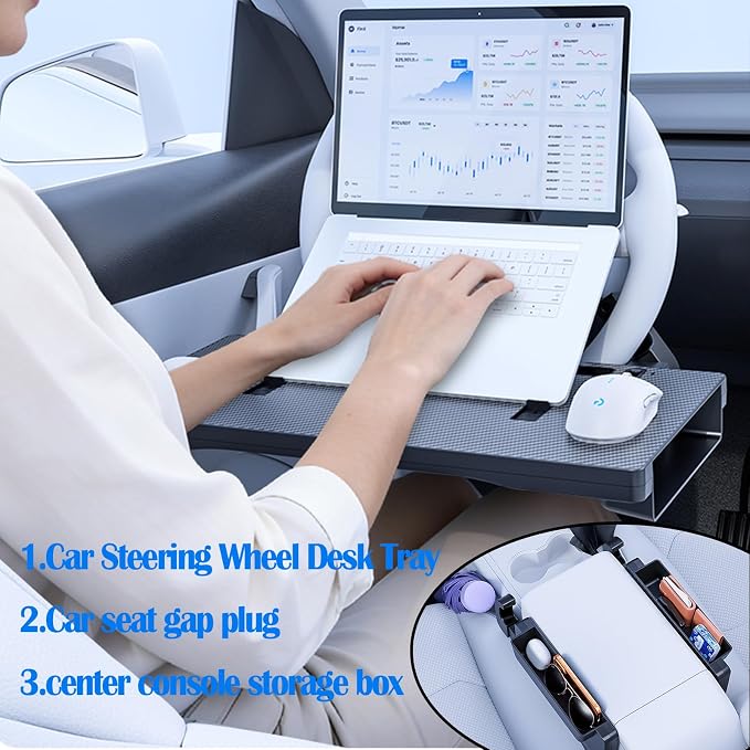 Carbon Fiber 3-in-1 Steering Wheel Tray Table & Car Seat Gap Filler Organizer & Centre Console Storage Box | Foldable Adjustable Car Desk/TableTray for Laptop, Eating & Work (【Foldable】 3-in-1) | Detachable Seat Gap Filler，0-30° Adjustable Angle，3-in-1... - Image 4