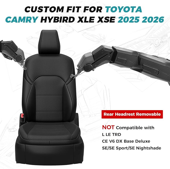 Custom Seat Covers for Toyota Camry 2025 2026 Hybrid, Black | Only Fit for Camry XLE/XSE 2025-2026 , Full Coverage, Faux Leather, Protective, Scratch-resistant, Easy-clean - Image 2