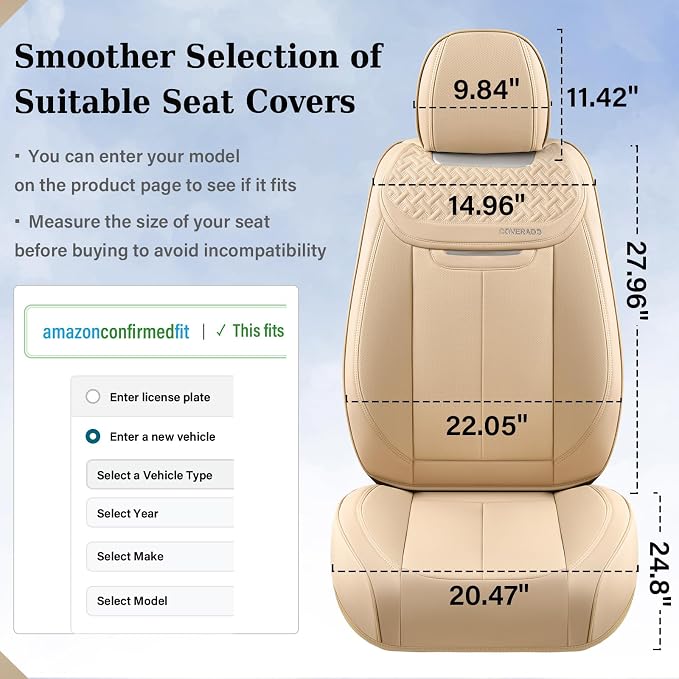 Coverado Car Seat Covers Full Set, Seat Covers Waterproof, Nappa Leather Seat Covers for Cars, Front and Back Car Seat Protector, Breathable Seat Cushion, Seat Cover Universal Fit Most Cars(Beige) - Image 6