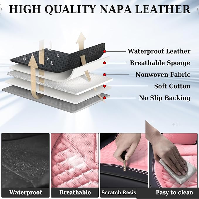 Coverado Seat Covers Full Set, Waterproof Nappa Leather Seat Covers for Cars, 5 Seats Universal Car Seat Protectors, Black and Pink Leather Car Seat Covers Car Seat Cushions Fit for Most Cars - Image 7