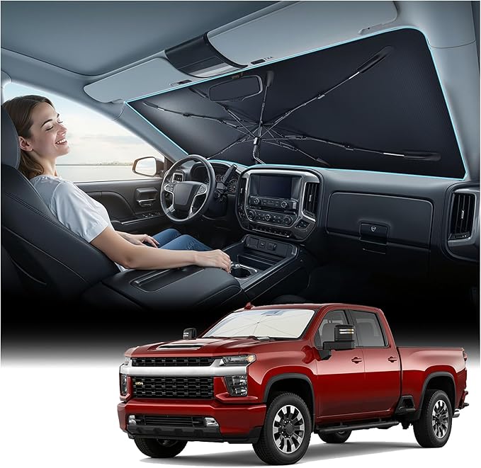 Nmoiss Windshield Sun Shade Umbrella for Silverado | [Vinyl Coating Heat Shield] Protect Car from Sun Rays & Heat Damage Keep Cool and Protect Interior, Spring Structure Edge by Nmoiss