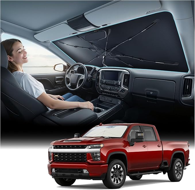 Nmoiss Windshield Sun Shade Umbrella Fit for Silverado 2007-2026 Accessories, [Vinyl Coating Heat Shield] Protect Car from Sun Rays & Heat Damage Keep Cool and Protect Interior by Nmoiss