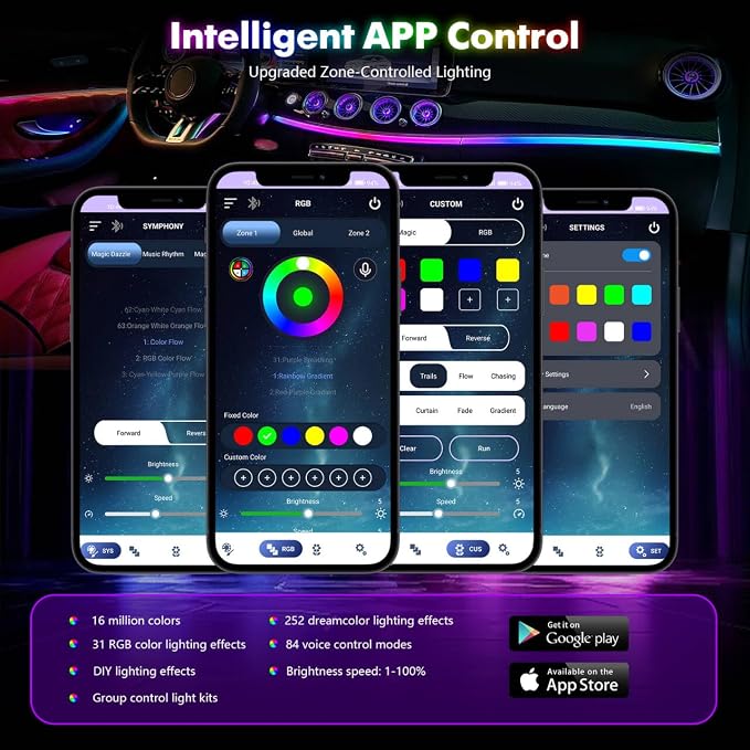 Dreamcolor Acrylic Car Ambient Lighting Kit 14 in 1 LED Interior Car Strip Lights APP Control Zoned Control System 252 Color Modes DIY Neon Wireless Sound Activated RGB Neon Light Kits New Version - Image 8