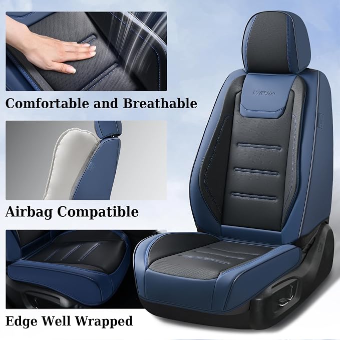 Coverado Car Seat Covers, Front Covers for Cars, Car Seat Cover Front Seats, Car Seat Protector Waterproof, Leather Car Seat Cushion, Universal Interior Covers Seat Protectors for Most Cars Blue - Image 2