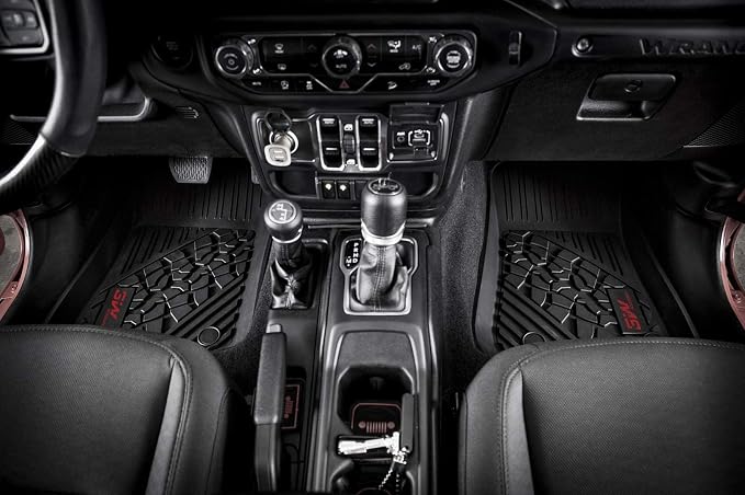 3W Floor Mats for Jeep Wrangler 4XE 2021-2026 Hybrid 4 Door (Non JL/JK) | Black All-Weather TPE Floor Liner for 1st and 2nd Row Full Set Car Mats, Red Logo - Image 8