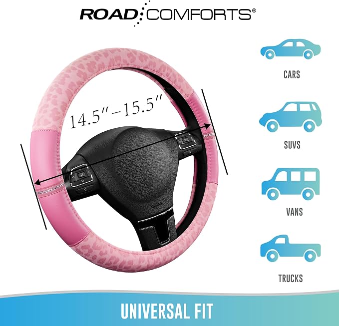 Road Comforts Leopard Steering Wheel Cover for Women, Cute Anti-Slip Microfiber Leather, Universal Fit 14.5-15 Inch Round Steering Wheel - Full Pink - Image 6