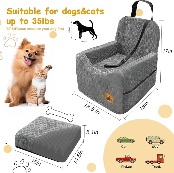 Dog Car Seat for Small/Medium Dogs, Memory Foam Dog Booster Seat, Travel Safety Per Car Seat with Washable Removable Cover, Storage Pockets for Dogs up to 35 lbs(Gray) - Image 2