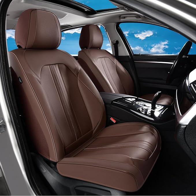 Huidasource Coffee Seat Covers, Luxury Faux Leather Car Seat Cover, Velcro Adjustable, with Airbags, Child Seat, Perforation Cooling＆Heating, Universal Fit for Most Cars, Vans, Trucks, SUVs, Coffee - Image 2
