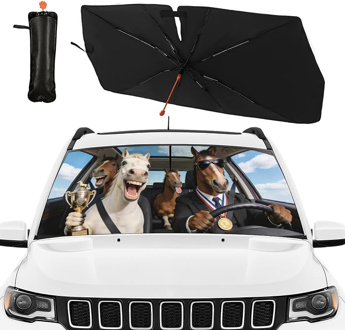 Horse Car Windshield Sun Shade Umbrella Bendable Handle Foldable Funny Horse Animal Driving Sunshade for Car Windshield Block UV Rays Keep Vehicle Cool for Most Sedans SUV Trucks 57"x30" - Image 5