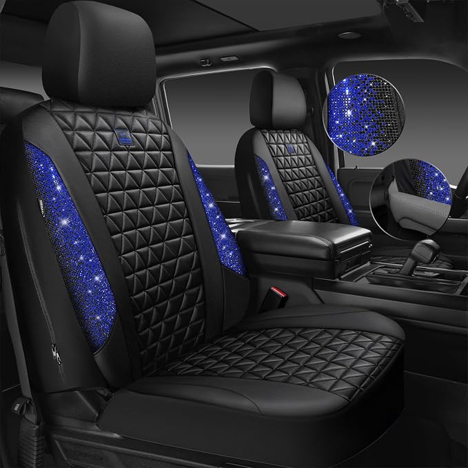 CAR PASS Bling Diamond Black Leather Car Seat Covers Full Set Interior Sets, Waterproof Shining Glitter Sparkly Crystal Universal Armrest Fit Automotive Truck SUV Cute Women Girl, Blue Rhinestone - Image 2
