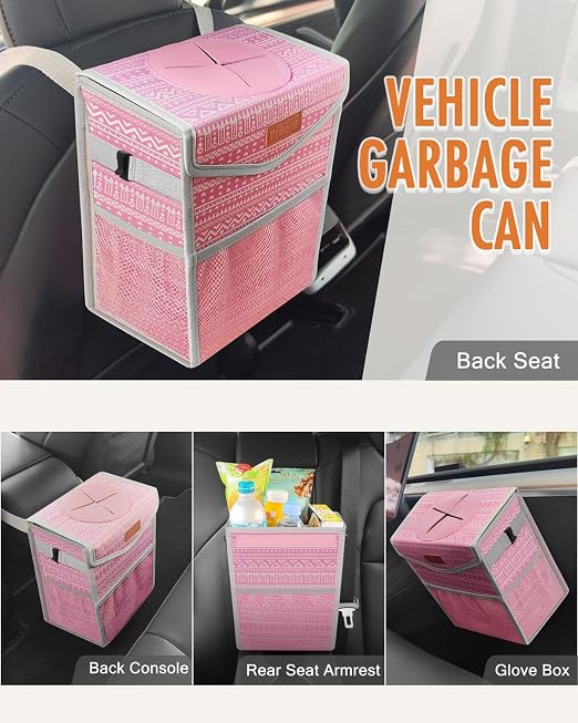 Pritent Car Trash Can with Lid Leakproof Car Garbage Bag Vehicle Trash Bin | Hanging Automotive Garbage Can,Multipurpose Car Accessories for Women Men Interior Car Storage Organizer(2.8 Gal,Pink Print) - Image 6