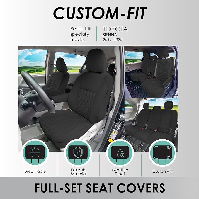 FH Group Custom Fit Car Seat Covers Specifically Made for Toyota Sienna 2011-2020, Car Seat Cover Full Set, 8 Seater Automotive Seat Covers in Black Neoprene, Waterproof and Washable Seat Covers - Image 2
