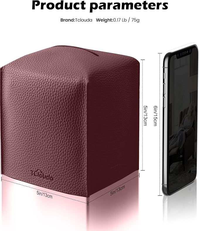 Tissue Box Cover for PU Leather, Modern Simple Solid Color Holder Square Tissue Bag, Ideal for Bathrooms,Office,Car,Nightstand,Outdoor Tent,Dining Table,5"X5"X5", Single Wine - Image 2