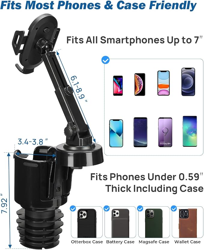 JOYTUTUS Cup Holder Phone Mount for Car, Car Cellphone Large Adapter Long Arm with 360 Degree Rotation, Compatible iPhone, Samsung & All Smartphones,Black,2 Pack - Image 7