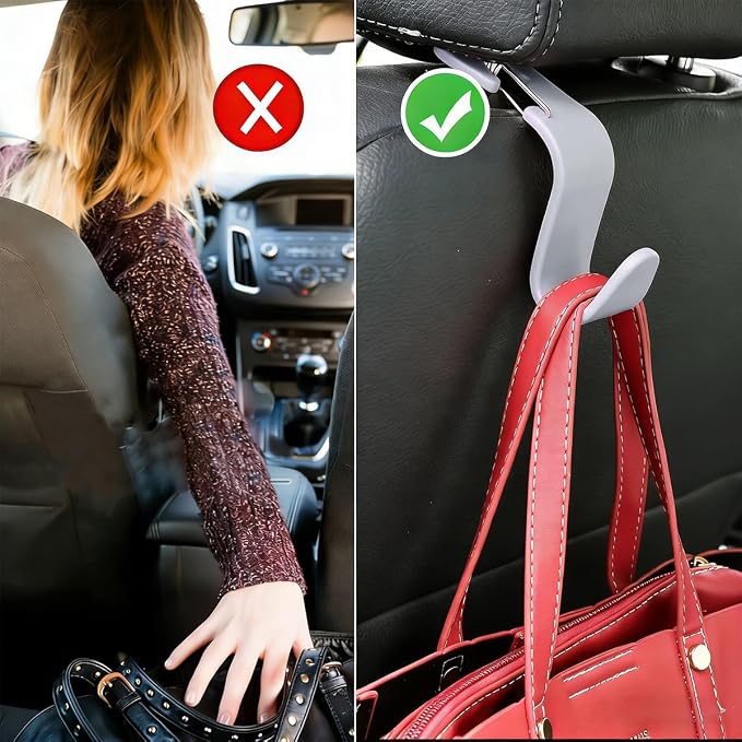 4PCS Car Seat Headrest Hook, Multi-Purpose Seat Back Hanger Purse Bag Handbag Organizer, Auto Interior Backseat Storage Hook Holder for Coat Hat Grocery Umbrella, Universal Fit (Gray) - Image 5