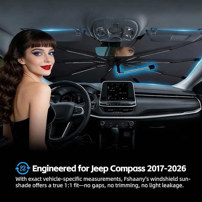 Windshield Sun Shade Umbrella for Jeep Compass 2017-2026 Front Window | Heat-Reflective Window Shade, Umbrella Sunshade Cover Blocks Heat, Protects Interior, Vehicle-Specific Precision Fit - Image 2