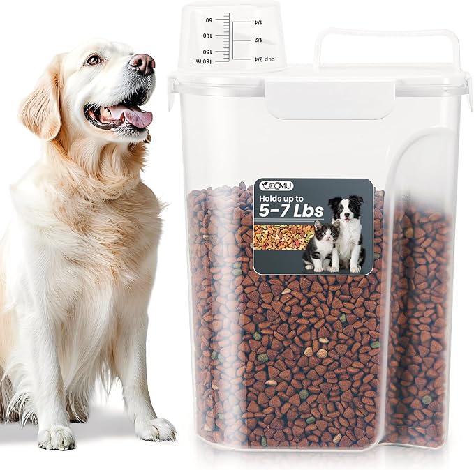Dog Cat Food Storage Container with Cup (White, 5L) | Pet Food Pourable Container Airtight with Large Spout, BPA-Free Plastic Food Dispenser for Pet Food, Bird Seed, Rice, Flour by ODOMU