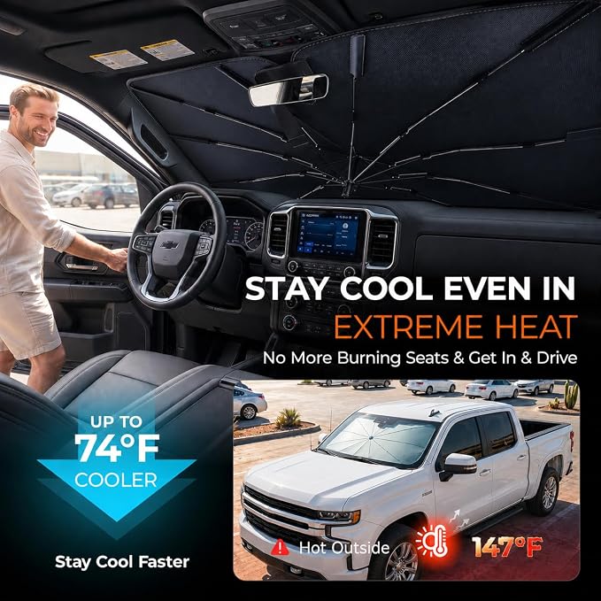 [2026 Upgraded] DooGooCoo Windshield Sun Shade Umbrella for Chevy Silverado [100% Sunlight Blocked, Cooling Ice Crystal] Sunshade for Car Windshield for Silverado Sun Shade 2019-2026. - Image 3