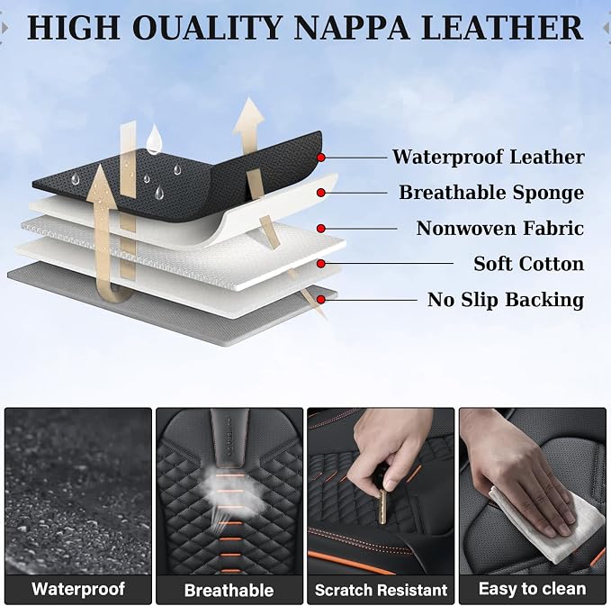 Coverado Automotive Seat Covers, Car Seat Covers Front Seats, Nappa Leather Black Orange Car Seat Cover, Waterproof Seat Cushion, 2 Pack Front Seat Covers Driver Seat Protector Fit for Most Cars SUV - Image 5