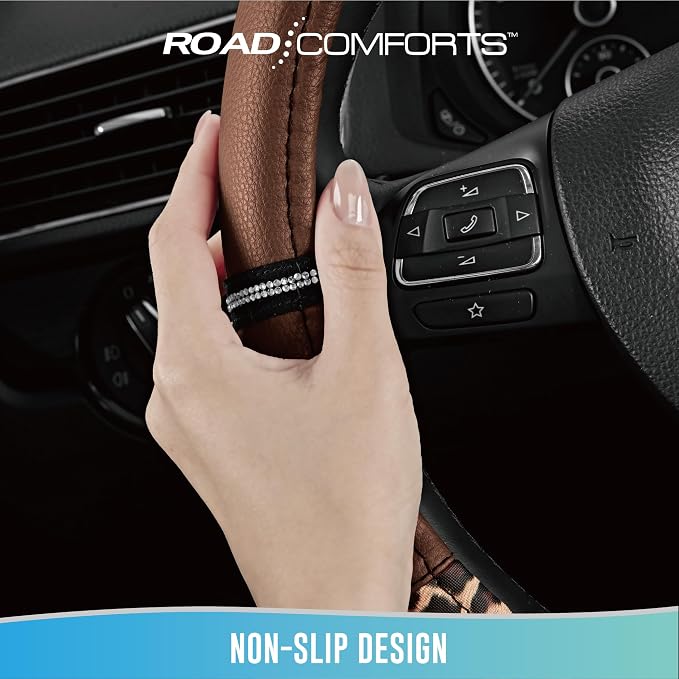 Road Comforts Leopard Steering Wheel Cover for Women, Cute Anti-Slip Microfiber Leather, Universal Fit 14.5-15 Inch Round Steering Wheel - Brown - Image 8