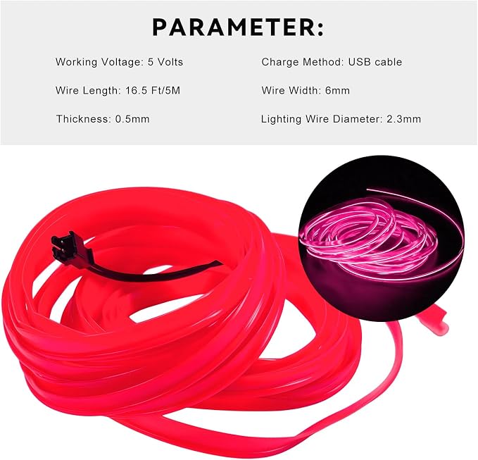 EL Wire Interior Car LED Strip Lights, 16.5FT 5V EL Wire Strip Neon Glowing Strobing Light w/ 5mm Sewing Edge, USB Electroluminescent Ambient Lighting Kit for Car Inside Decoration (Pink) - Image 2