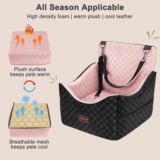 JOEJOY Elevated Dog Car Seat for Small/Medium Dogs up to 35 lbs, Memory Foam Booster Seat with Detachable Washable Cover, Travel-Safe Car Bed with Safety Belts & Storage Pockets, Pink - Image 6