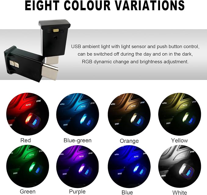 DXNQ 2PCS USB Type C LED Ambient Light, 8 Colors RGB Dynamic Atmosphere Lamp Car Interior Decor USB Night Light, Adjustable Bright Plug-in Mini Ambient Lighting Kit for Car Laptop - Image 6