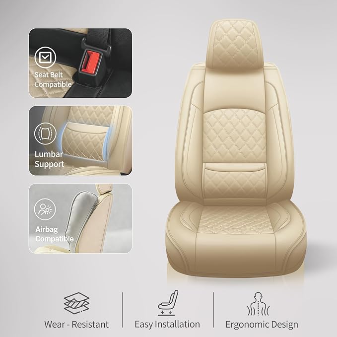 Fit Canyon Car Seat Covers for GMC Canyon 2015-2025 2026 - Luxury Leather, Anti-Slip, All-Weather, Waterproof & Breathable, Airbag Compatible, 2 Front Seats Only (Beige) - Image 5