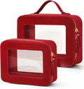 Clear Toiletry Bag 2 Pack, Travel Makeup Bag Medium and Large Red | Structured Clear Cosmetic Case with Zipper, Car Essential Organizer Bag for Women, Waterproof PU Leather, Wide Open Portable by POPVIBE