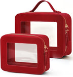Clear Toiletry Bag 2 Pack, Travel Makeup Bag Medium and Large Red | Structured Clear Cosmetic Case with Zipper, Car Essential Organizer Bag for Women, Waterproof PU Leather, Wide Open Portable by POPVIBE