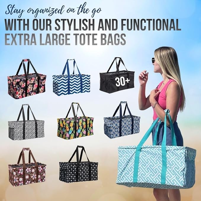 Extra Large Utility Tote Bag - Oversized Collapsible Reusable Wire Frame Rectangular Canvas Basket With Two Exterior Pockets For Beach, Pool, Laundry, Car Trunk, Storage - Damask Black - Image 9