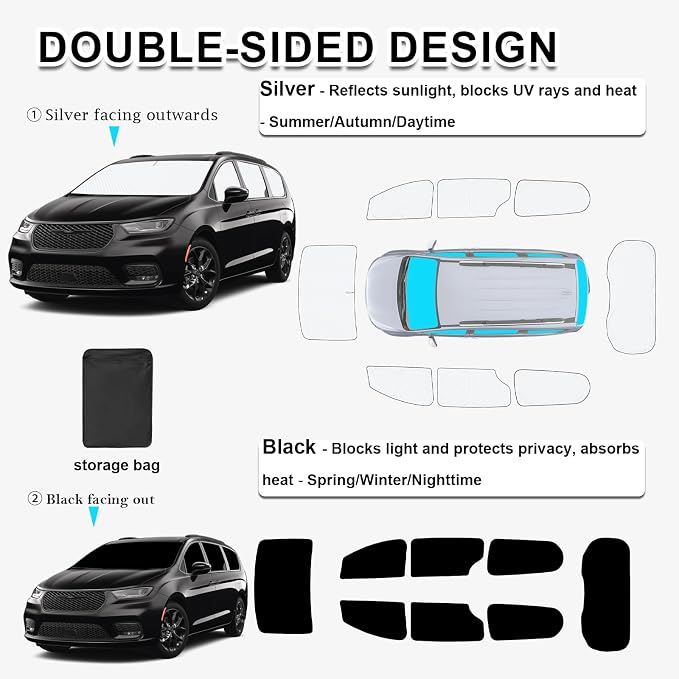 KMF 8pcs Thicken Sun Shades for Chrysler Pacifica 2017-2025 2026 Accessories, Full Car Window Covers Sunshade for Windshield Side Rear, UV Block and Blackout Privacy for Camping Outdoor - Image 5