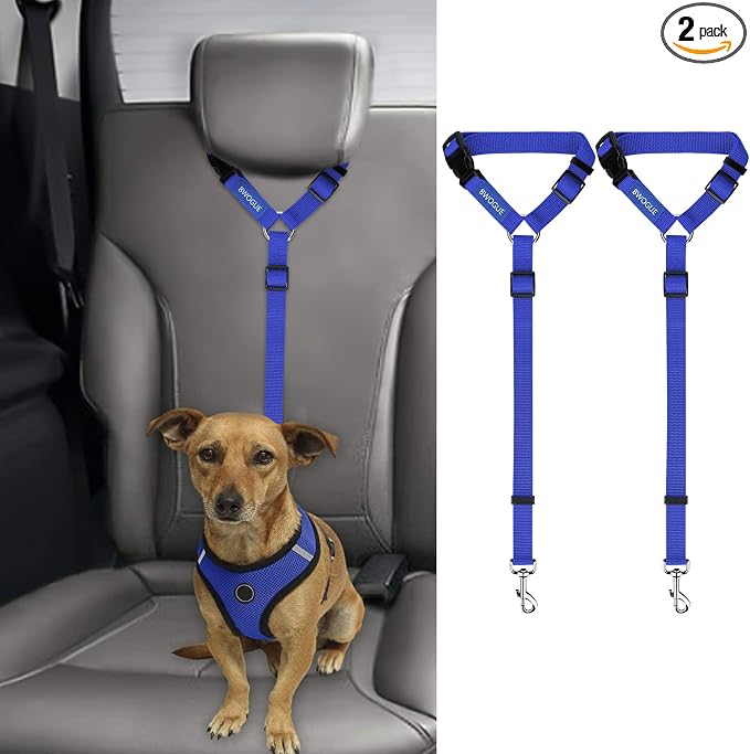 BWOGUE 2 Pack Dog Seat Belt for Car, Nylon Headrest Restraint, Dark Blue | Headrest Loop for Car Travel, 18-30 in Adjustable, Thick Nylon Safety Strap, 2 Pack for Dogs and Cats, Use with Dog Harness by BWOGUEPetHome