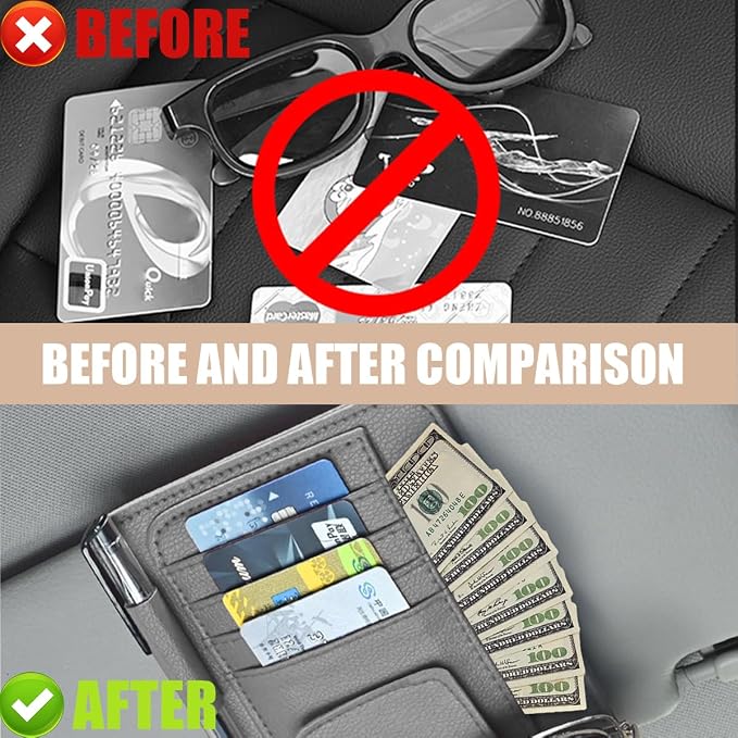 Augeny 2 PCS Car Sun Visor Organizer, Small Auto Visor Organizer and Storage, Registration and Document Holder for Sunglasses, Card, Pen, Driver License, Car Accessories (Gray) - Image 5