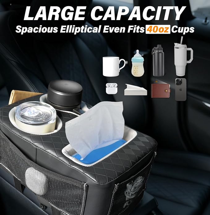 Universal Car Center Console Cup Holder Organizer Armrest Storage Box | with Bottle Holder & Tissue Slot & Side Pockets, Car Back Seat Truck Boat Couch Sofa Organizer PU Leather - Image 3