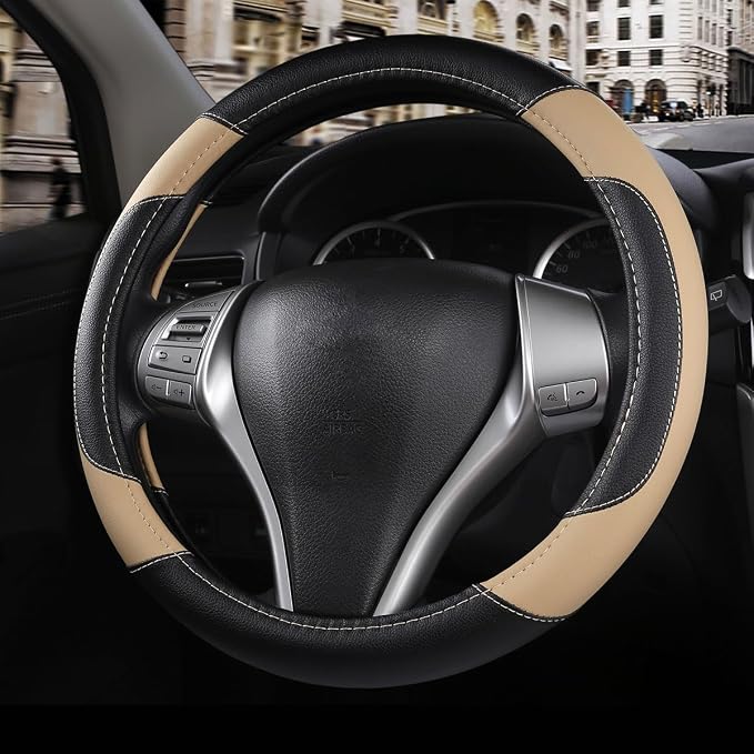 Leather Steering Wheel Cover for Ford F-150, Ram, Tundra, Tacoma, 15.5"-16" | Large-Size Fits Cars Trucks, Microfiber Leather, Anti-Slip Breathable Auto Steering Wheel Protector, Beige by Szttswamp