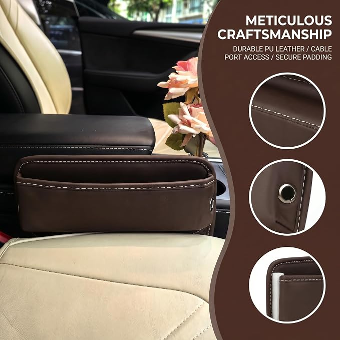 Car Seat Gap Organizer | PU Leather Seat-Side Storage Pocket with Cable Port | Fits Most Cars, SUVs and Trucks | Black - Image 3