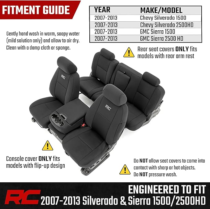 Rough Country Neoprene Seat Covers for Chevy Silverado & GMC Sierra 1500/2500HD (2007-2013) - Waterproof, UV Resistant, Foam-Padded Front & Rear Set w/Rear Armrest - Image 6