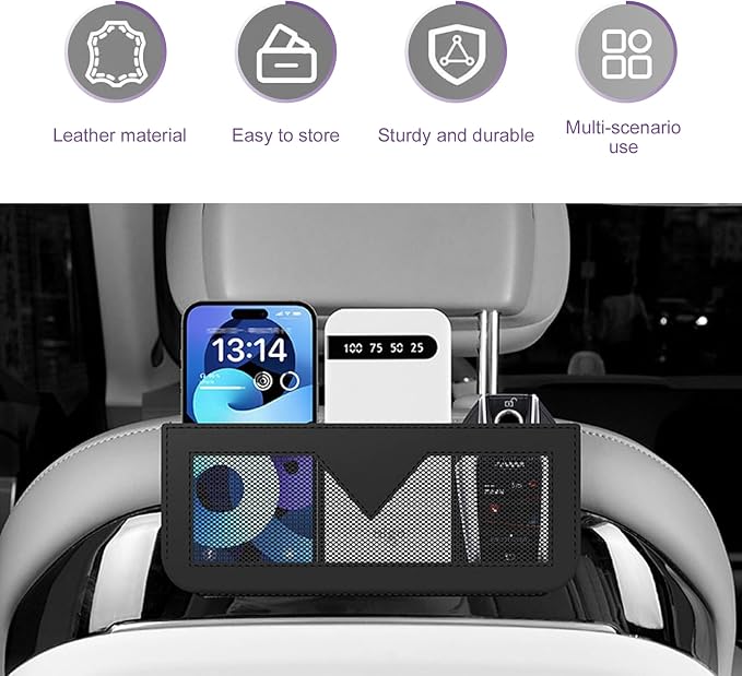Car Storage Pocket, Multifunctional Elastic Mesh Side Pouch for Phone & Cards & Receipts, PU Leather Anti-scratch Seat Gap Organizer, Self-adhesive Storage Part for Most Cars (Black) - Image 6